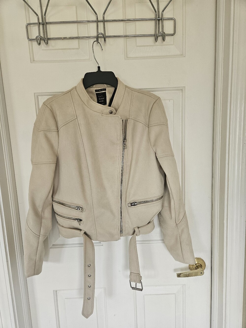 Cream Asymmetrical Moto Jacket with Belt